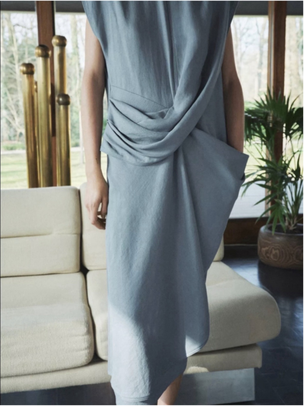 Zara Linen Blend Draped Midi Dress Blue Asymmetrical Minimalist XS NWT - Picture 3 of 11